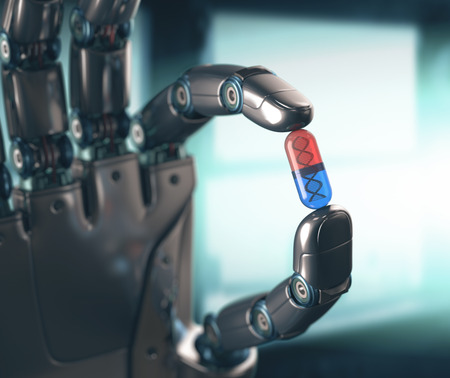 Robotic hand holding a pill of DNA. Concept of the technology, dominated by machines.の写真素材