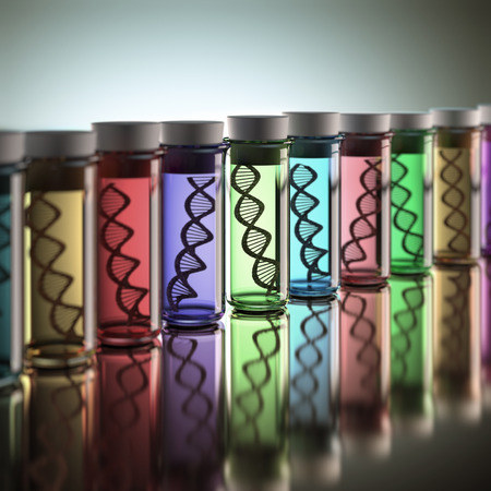 Colored test tubes with genetic codes inside. Concept of copy and genetic alteration.の写真素材