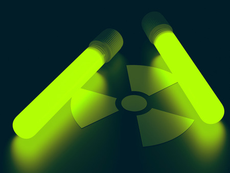 Test tubes with radioactive product illuminating radiation signal. Clipping path included.の写真素材