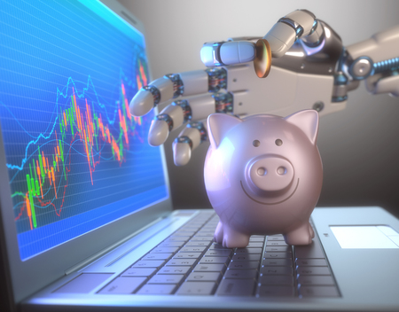 Image concept of software (Robot Trading System) used in the stock market that automatically submits trades to an exchange without any human interventions. The robot hand is depositing coin into piggy bank.の写真素材