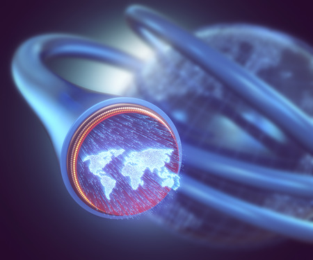 Optical fibers lit in the shape of the world map. 3D image concept of global communication by...