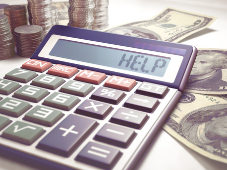 Solar calculator amid dollars and coins showing on the digital display the word "HELP". 3D illustration with several concepts: Help finances, Help business, Help money, Help bank, etc.の写真素材