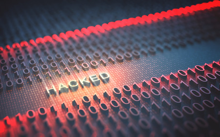 3D illustration of binary code interrupted by the word Hacked