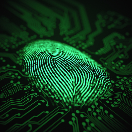 3D illustration. Fingerprint integrated in a printed circuit.の写真素材