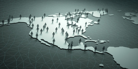 North and Central America Population. 3D illustration of people on the map, representing the country's demography.の写真素材