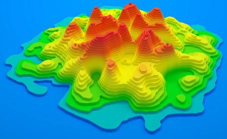3D illustration. Topographical map of an island. Elevation in colors from blue to red.の写真素材