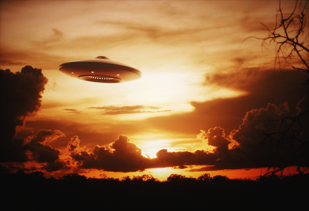 3D illustration with photography. Alien spaceship under the sunset.の写真素材