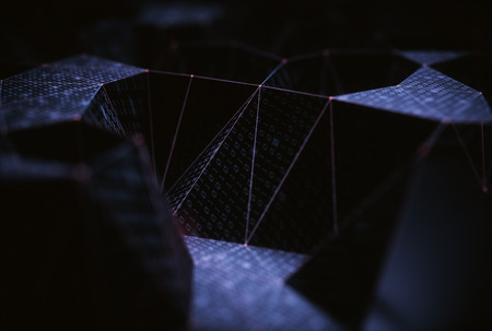 3D illustration, abstract background, technology concept. Binary surfaces interconnected by connections to data points.の写真素材