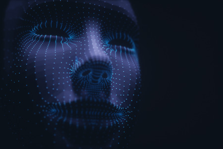 3D illustration. Stylized 3D face with polygons and points on the vertex.の写真素材