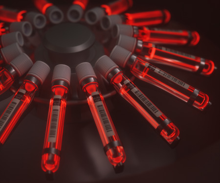 3D illustration. Centrifuge blood machine. Chemical test, bright red liquid inside the test tubes.の写真素材