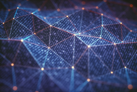 3D illustration, abstract background, technology concept. Binary surfaces interconnected by connections to data points.の写真素材