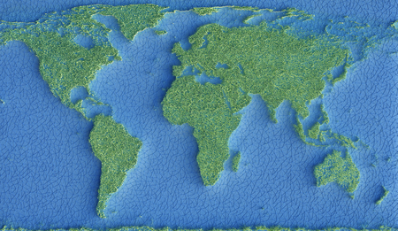 Map of the planet Earth represented by green grass and the oceans by a network of connections in...