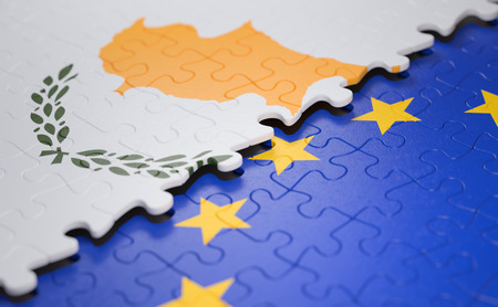 Flag of the Cyprus and the European Union in the form of puzzle pieces in concept of politics and economic union.の写真素材