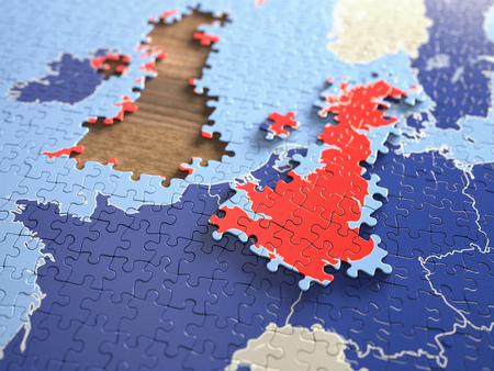 Puzzle with pieces from the United Kingdom, outside the docking region. Concept of the UK leaving...