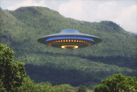 Unidentified flying object over a forest with trees and mountains behind.