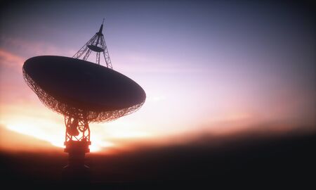 Huge satellite antenna dish for communication and signal reception out of the planet Earth. Observatory searching for radio signal in space at sunset. 3D illustration.の写真素材