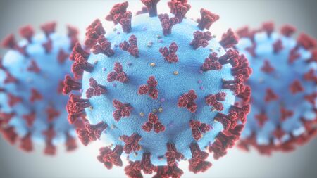 Coronavirus, group of viruses that cause diseases in mammals and birds. In humans, the virus causes respiratory infections. 3D illustration.の写真素材
