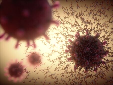 Immunological system, antibodies attacking the virus covid-19. 3D illustration, concept of the...