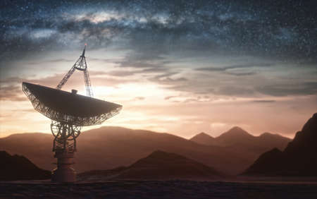 Huge satellite antenna dish for communication and signal reception out of the planet Earth. Observatory searching for radio signal in space at sunset.の写真素材