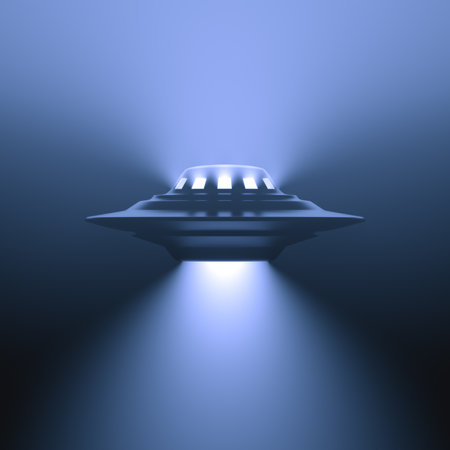 Unidentified flying object at night with fog and a light below, supposed tractor beam. Clipping path included, 3D illustration.の写真素材