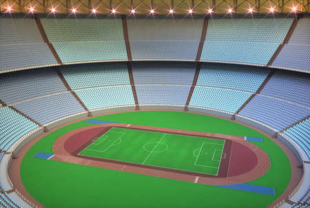 3D illustration of a sports stadium in the center a soccer field.