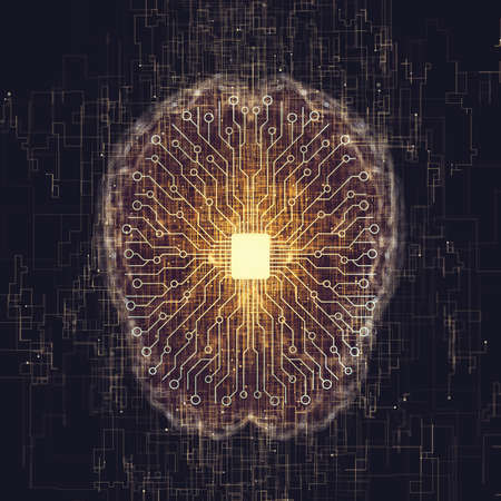 Artificial intelligence, electric pulses coming out of the microchip, forming a brain with lines of connections.の写真素材