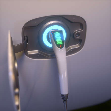 3D illustration, concept image of electric vehicle. Full charge stored in battery.