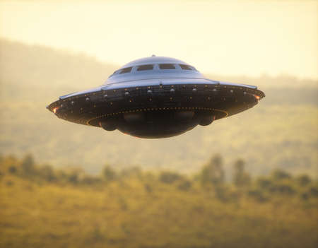 3D illustration of an UFO, unidentified flying object, gravitating over the forest and mountain ranges.の写真素材