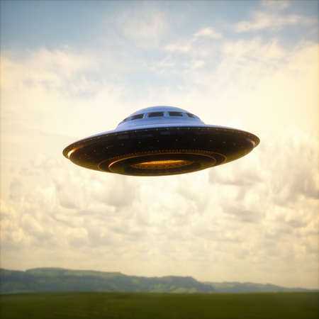 3D illustration of an UFO, unidentified flying object, gravitating over the mountain ranges.の写真素材