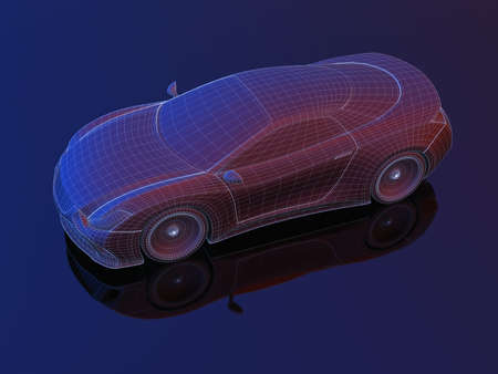 Sports car blueprint concept made in 3D software. Concept image of prototype and aerodynamic tests....