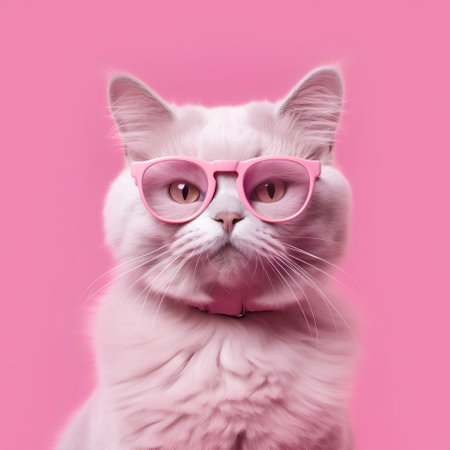 White cat wearing pink accessories in pink environment looking at camera.の素材