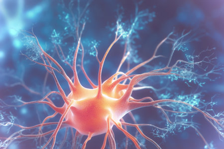3d illustration of neuron cell with electrical pulses, nervous system conceptの写真素材