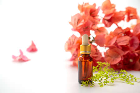 Essential oils bottle with flower background for spa aromatherapy.の写真素材