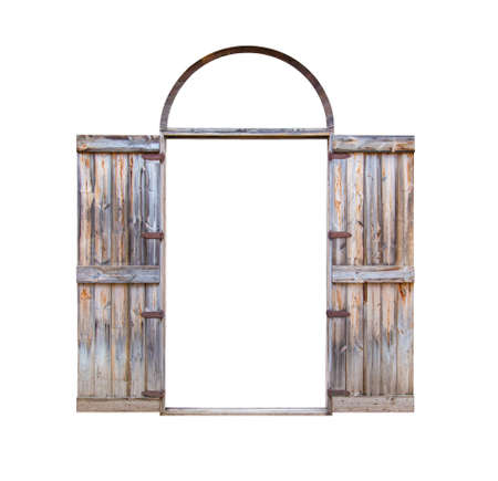 Old wooden door with wooden jamb isolated on white background.の写真素材