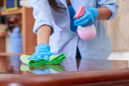 Woman wearing blue protective gloves holding a green microfiber cleaning cloth Cleaning wooden...