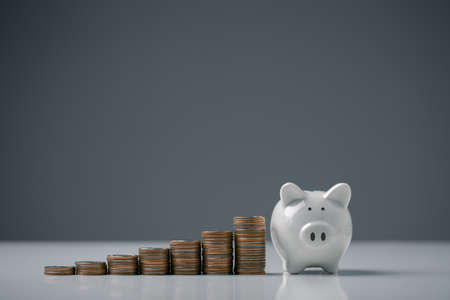 Piggy bank and stack of coins on gray background. Money management, Personal Financial concept.
