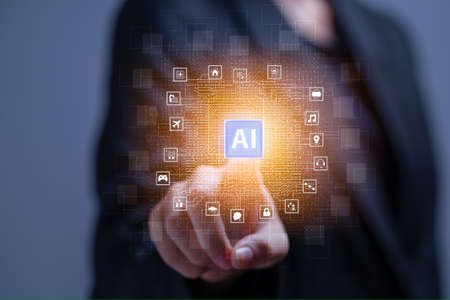 Artificial Intelligence (AI), human hand touching on big data network connection, Business,...