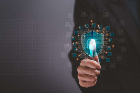 Accessing big data with finger scan with safety shield, data protection, Concept cyber internet...