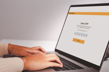 Woman hand enter password for login banking account on laptop, one time password for the validation...