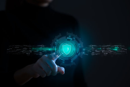 Admin hand touch protective shield on the virtual screen. Concept of internet attack prevention, data protection, corporate security, cyber defense technology.の写真素材