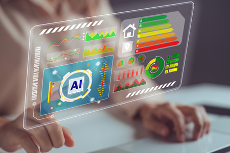 Hand pressing the AI symbol in the energy efficiency dashboard. Concept of using artificial...