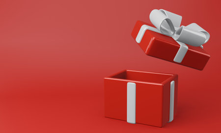 Red gift box open on red background. 3D renderingの写真素材