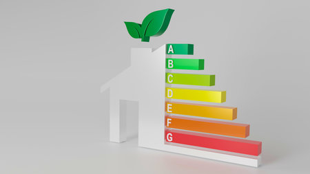 Energy efficiency chart and green energy on white background. 3D rendering.の写真素材