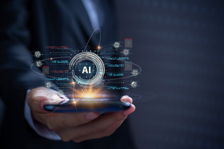 Future world driven by the power of artificial intelligence via mobile AI powered mobile.の写真素材