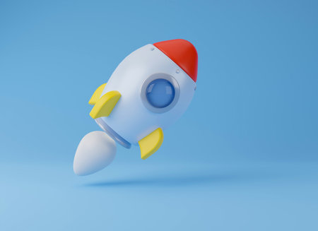 Spaceship rocket icon. Start up business, Cartoon style minimal, 3D Rendering illustration.の写真素材