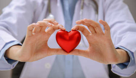 Heart shaped hand of doctor or physician holding red heart. The concept of heart health care by a...