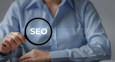 Female Hand Holding Magnifier. Marketing Analyst Searching for SEO and Marketing Clues. Exploring...
