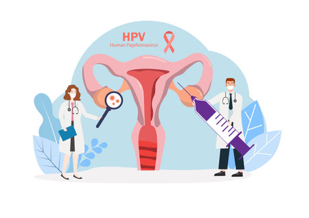 HPV (Human Papillomavirus) Cervical cancer screening and treatment, Infection prevention,  Doctor diagnosis HPV virus and vaccination medication treatment, women health concept.のイラスト素材