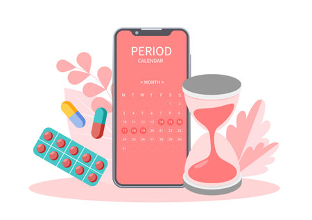 Menstrual calendar cycle tracker mobile app on smartphone screen, Period ovulation days tracker, Pregnancy planning, Check menses, Technology for women's health, Vector illustration.のイラスト素材