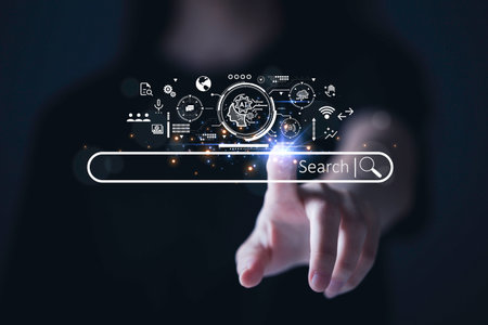 SEO Search Engine Optimization concept. The search bar shows SEO tools icons on your website with AI assistants, user analytics, content creation, and search algorithm improvements.の写真素材